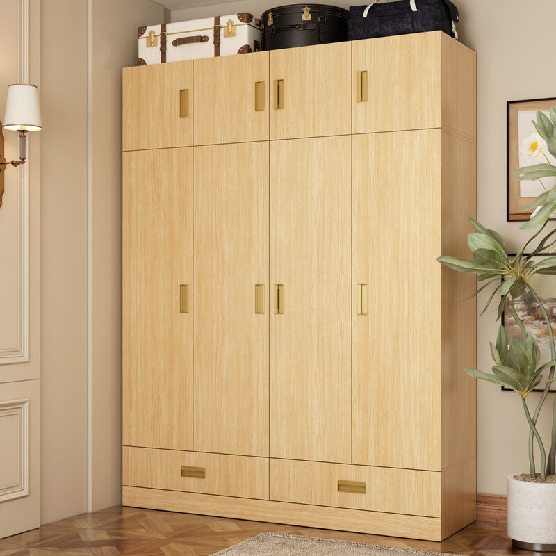 FUFU&GAGA Natural Wood 4-Door Wardrobe, MDF & Rubberwood Construction (63" W x 66.9" H x 18.1" D), Natural Wood Finish image number 3