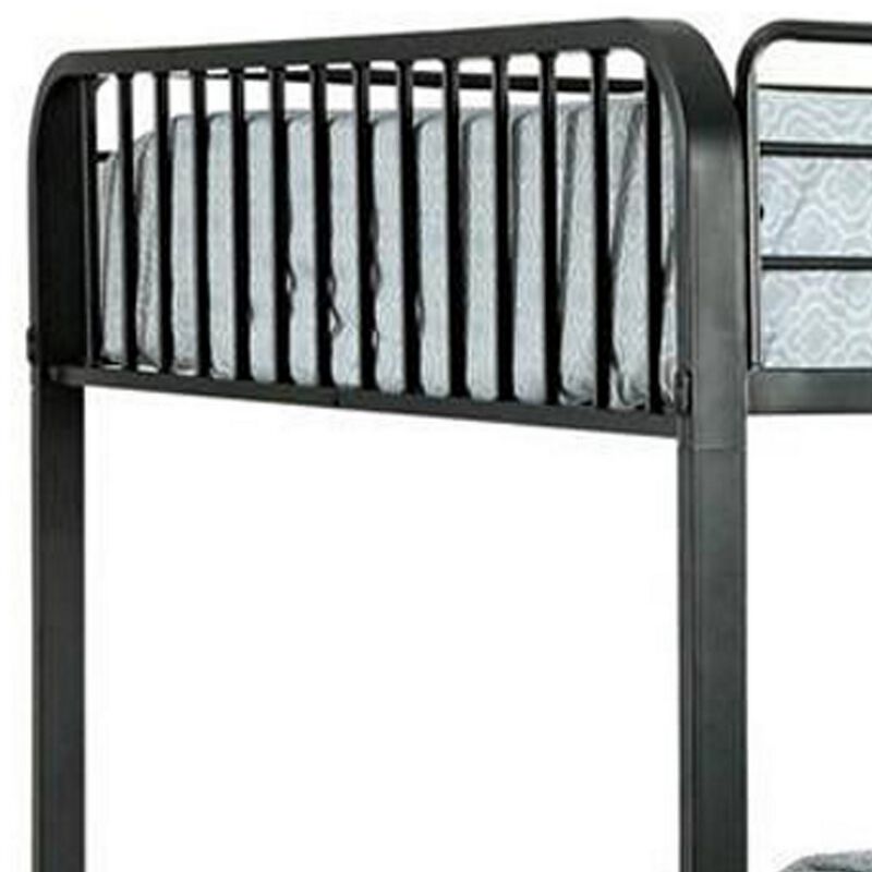 Slatted Design Metal Full Over Full Bunk Bed with Attached Ladder, Black-Benzara