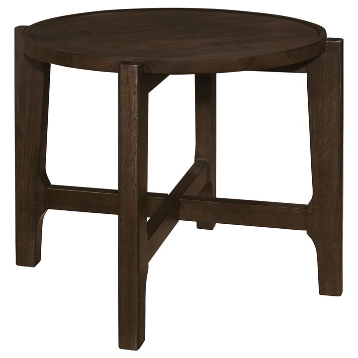 Katie End Table, Round 26 Inch Top, Dark Brown Solid Wood, Cross Beam Legs