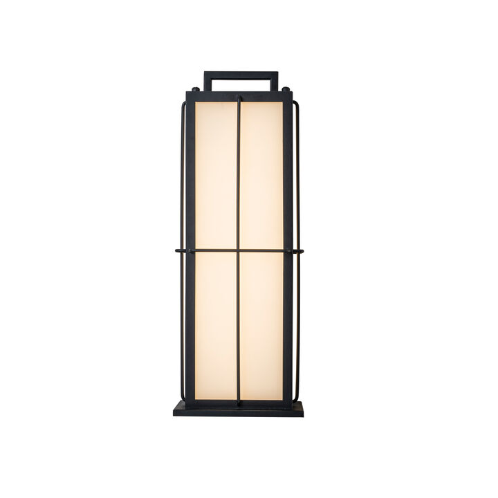 H16 Inch Modern Outdoor Wall Lantern with Dusk-to-Dawn Sensor Integrated 16W LED Light Frosted Panels and Black Metal Exterior Sconce for Porch Garage Entryway