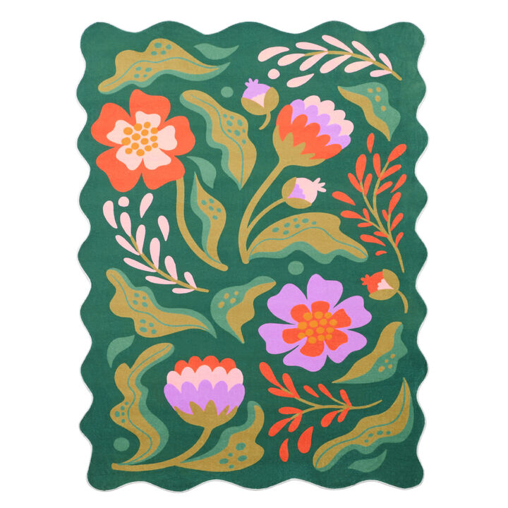 Lany Space 7'x10' Area Rug, Washable Rugs Non-Slip, Green Base Pink Floral Wavy Rug for Home Decor