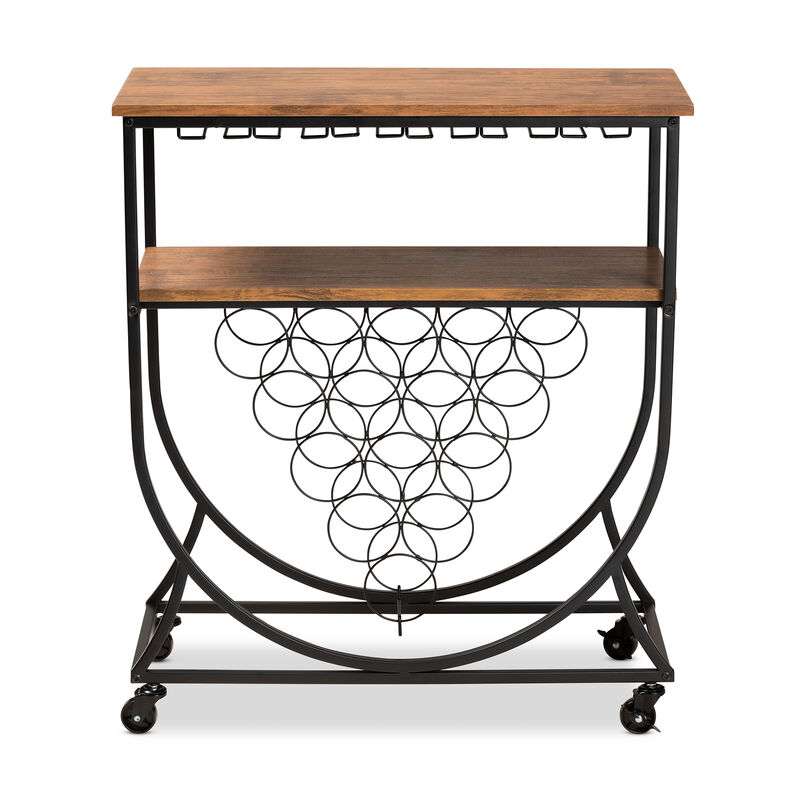 Baxton Studio Dania Industrial Black Metal and Walnut Finished Wood Mobile Wine Bar Cart