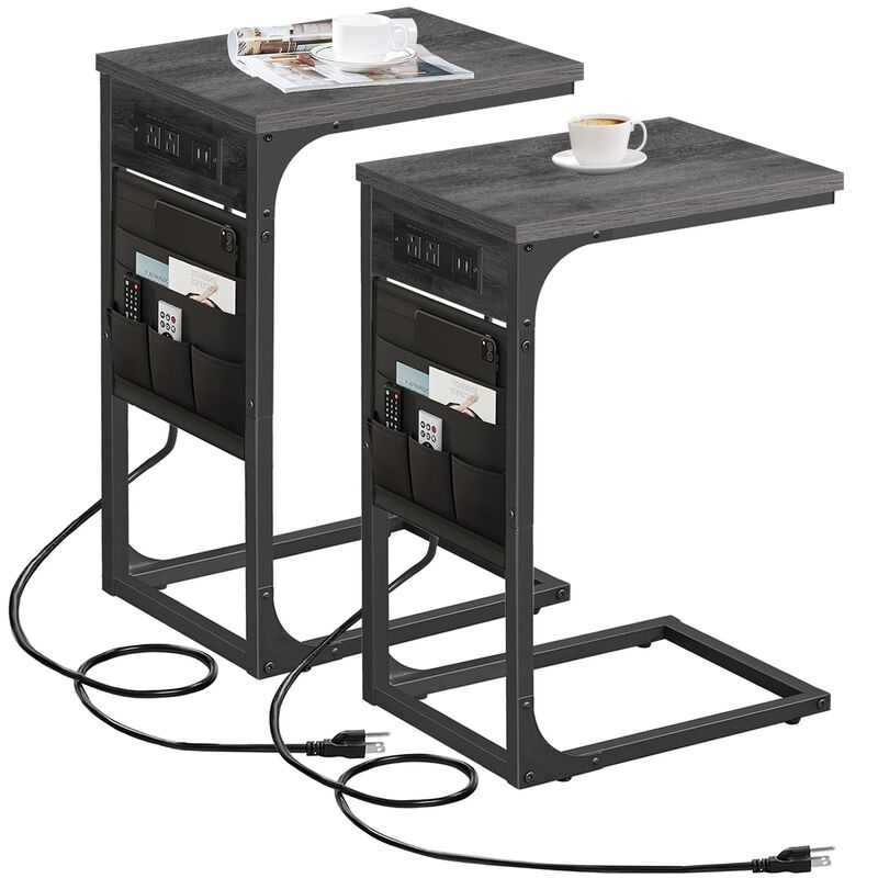 TUTOTAK C Shaped End Table with Charging Station, Side Table for Sofa, Couch Table with Storage Bag, Set of 2, TV Tray Table wit