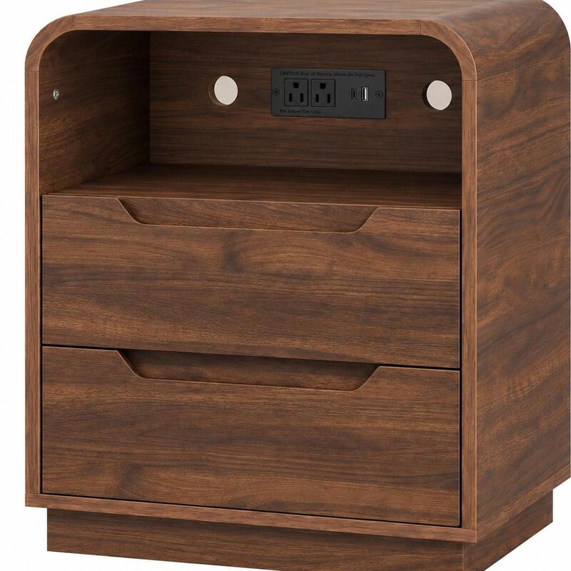 HomeRoots Ashen Fold Wood Two Drawer Nightstand with USB Port and Integrated Tech image number 2