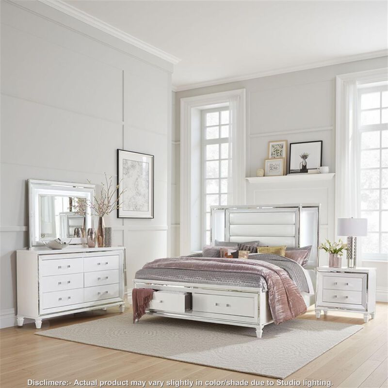 Rosa 4 Pc Queen Storage Bedroom Set, LED, Mirrored Accents, White Metallic image number 6