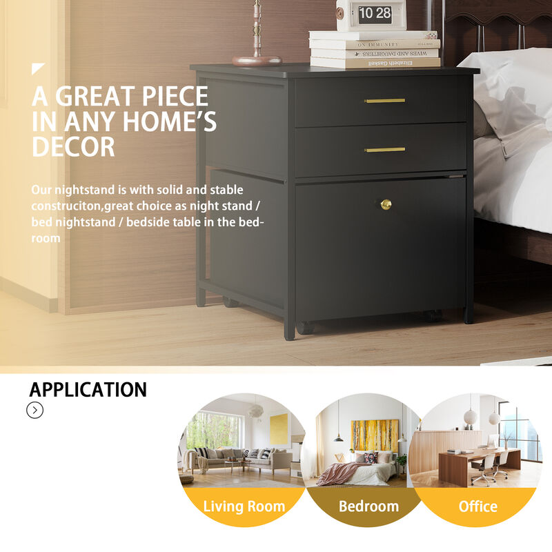 FUFU&GAGA Compact Nightstand, Black Laminate with Gold Handles, (21.7"W x 22.8"D x 27"H), with Pull-out Drawers and Rolling Casters