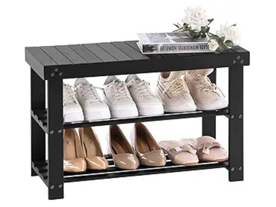 Entryway Bamboo Shoe Storage Bench 3 Tier Space Saving Black