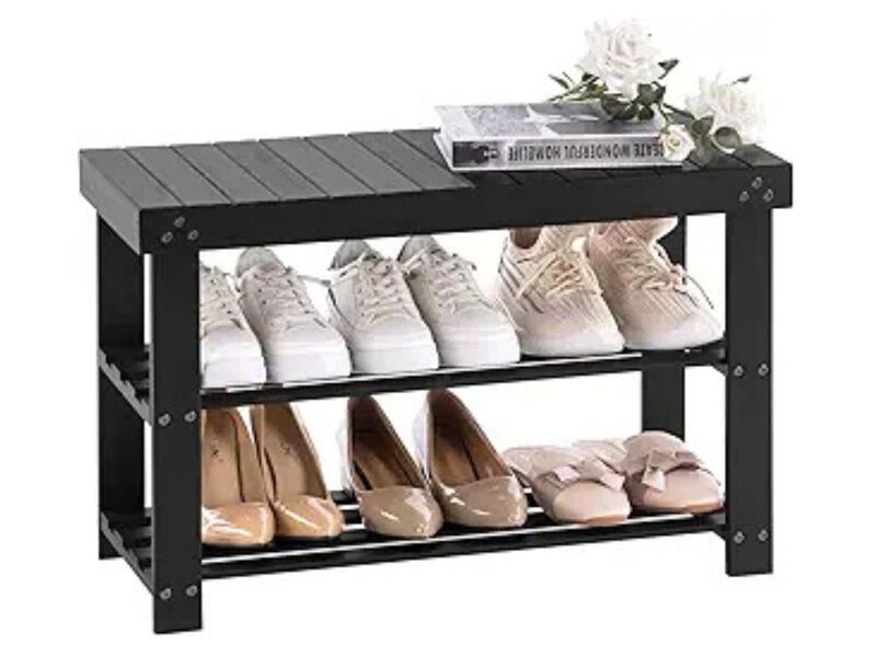 Entryway Bamboo Shoe Storage Bench 3 Tier Space Saving Black image number 0