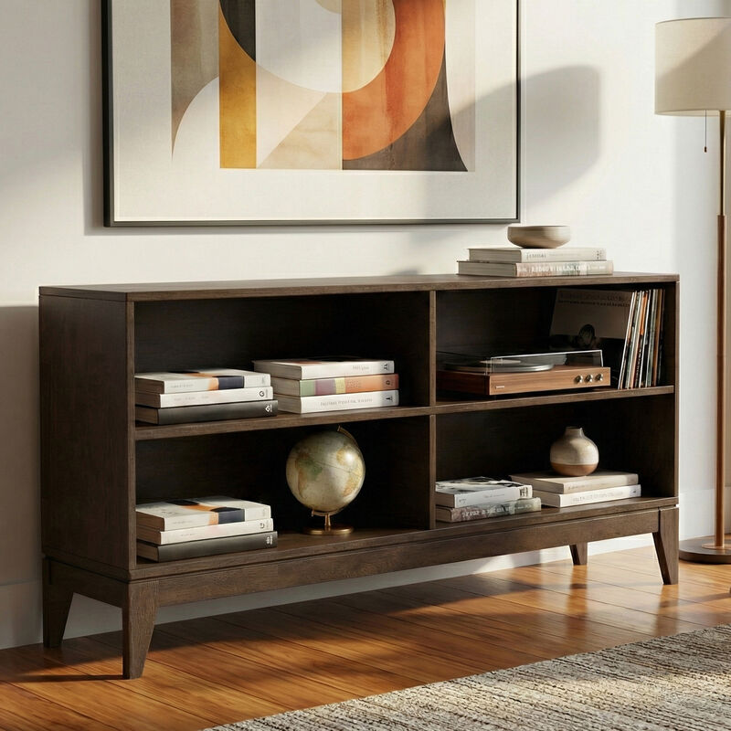 Simpli Home Harper 30 inch x 64 inch Solid Wood Mid Century 4-Shelf Low Bookcase image number 3
