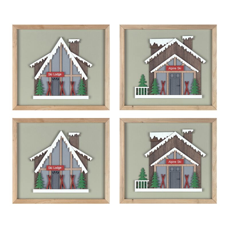 Set of 4 Framed Ski Lodge Wall Art Prints for Cabin or Lodge Decor