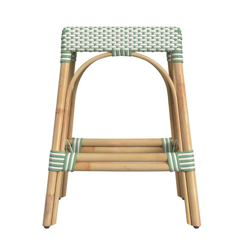 Butler Specialty Robias Rectangular Rattan 24.5 Counter Stool, White and Green Dot