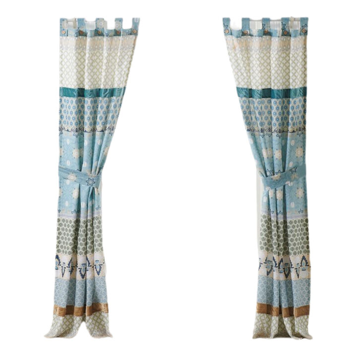 Ello 2 Panel Curtain Panel Set, Cotton White and Blue Geometric Print - Benzara