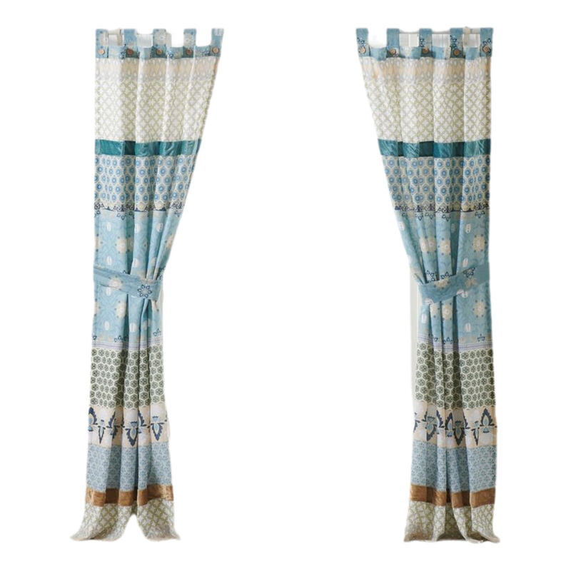 Ello 2 Panel Curtain Panel Set, Cotton White and Blue Geometric Print - Benzara