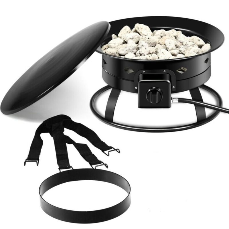Hivvago Portable Outdoor Black Metal Propane Fire Pit with Cover and Carry Kit