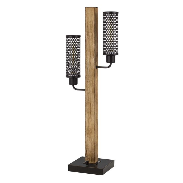 Wooden Table Lamp with 2 Metal Mesh Shades, Brown and Black - Benzara