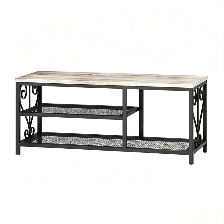 Shoe Bench with Shoe Rack, 47.2" L Entryway Bench with Seating, 2-Tier Shoe Organizer with Rustic Wood Top & Metal Frame for Entryway