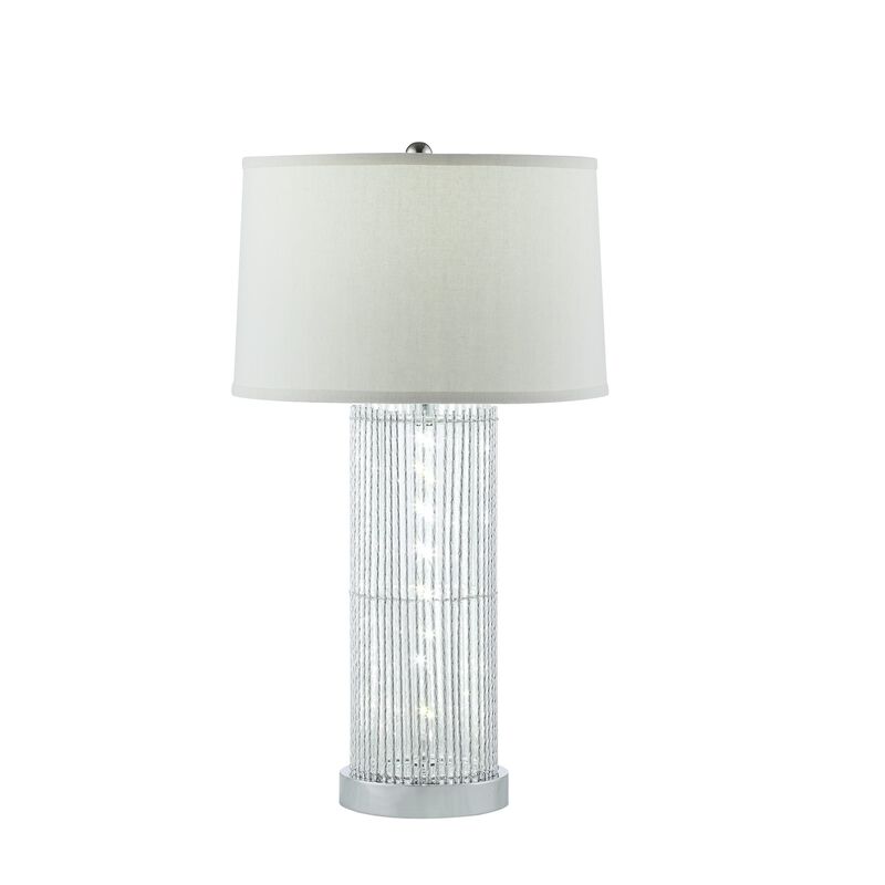Jin 28 Inch Table Lamp, Gray Drum Fabric Shade, Modern Round Base, Silver - Benzara