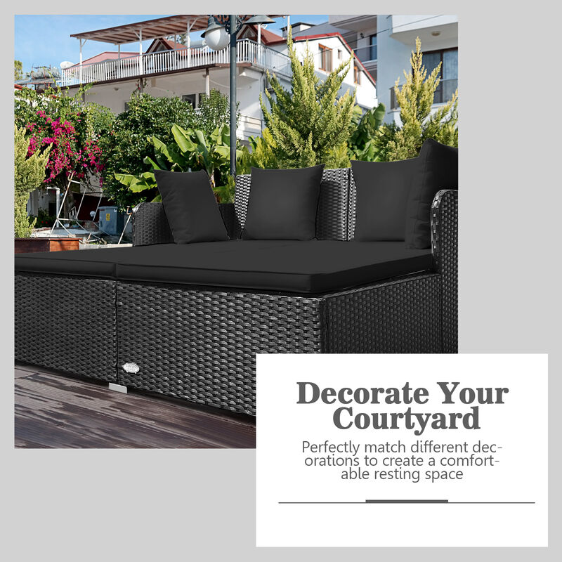 Outdoor Woven Rattan Daybed with Deep Cushions and Multiple Pillows