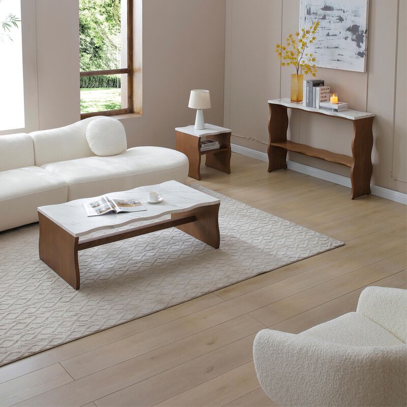 Whisper of Waves Modern Coffee Table with Faux Marble Top & Wood Tone Base image number 4