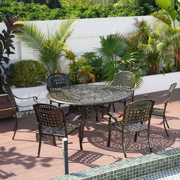 MONDAWE 7-Piece Cast Aluminium Patio Dining Set Aluminum Round Table with 6 Stationary Chairs