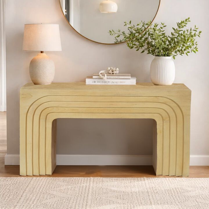 Kesna Console Sofa Table, 53 Inch Sculpted Arch, Light Beige Mango Wood