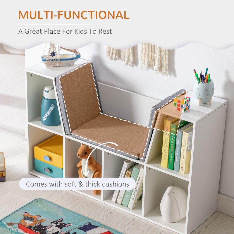 White Kids' Organizer: 6-Cubby Wooden Bookshelf with Cushion