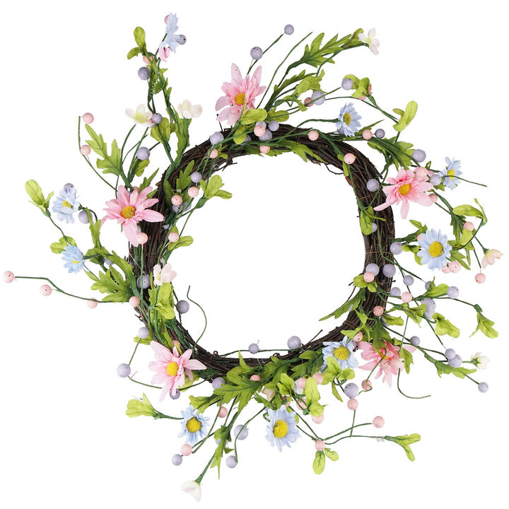 Daisy Twig Artificial Floral Wreath  Green and Pink 12-Inch
