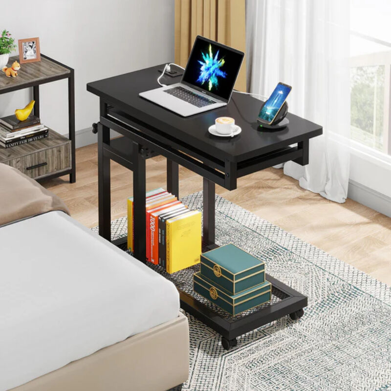 Portable C Table, Mobile Desk Side Table with Power Outlet image number 1