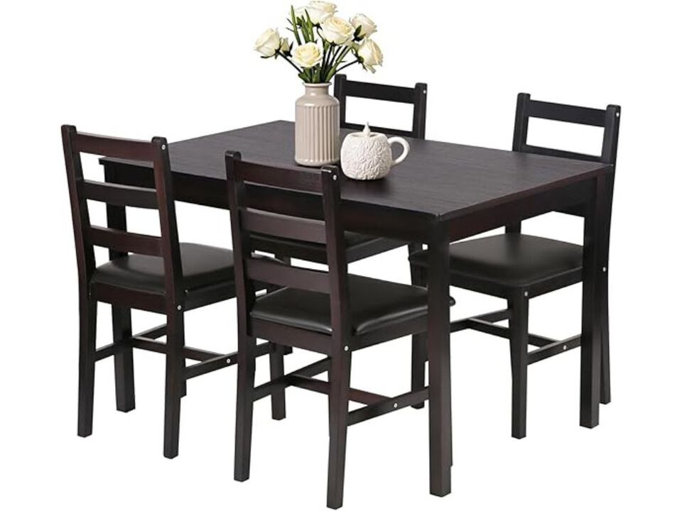 Dining Set &ndash; 5‑Piece Walnut Solid Wood Table with 4 Upholstered Chairs, Space‑Saving Design