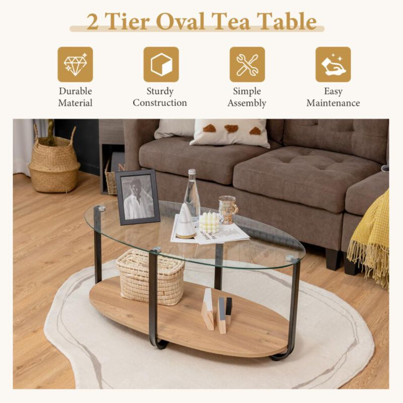 Hivvago 2-Tier Glass-Top Oval Coffee Table with Wooden Shelf for Living Room