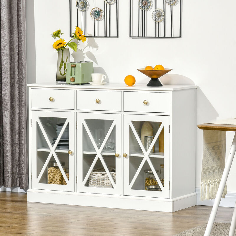 HOMCOM 45" Farmhouse Sideboard Buffet Cabinet, Credenza,Coffee Bar Cabinet with Glass Doors and 3 Drawers, White