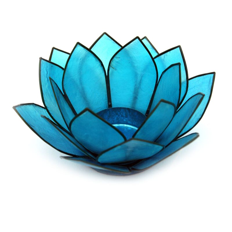 Turquoise Blue Capiz Shell Lotus Flower Small Tealight Candle Holder image number 0