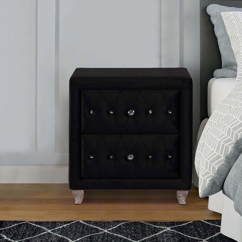 Fabric Upholstered Wooden Nightstand with Two Drawers, Black-Benzara