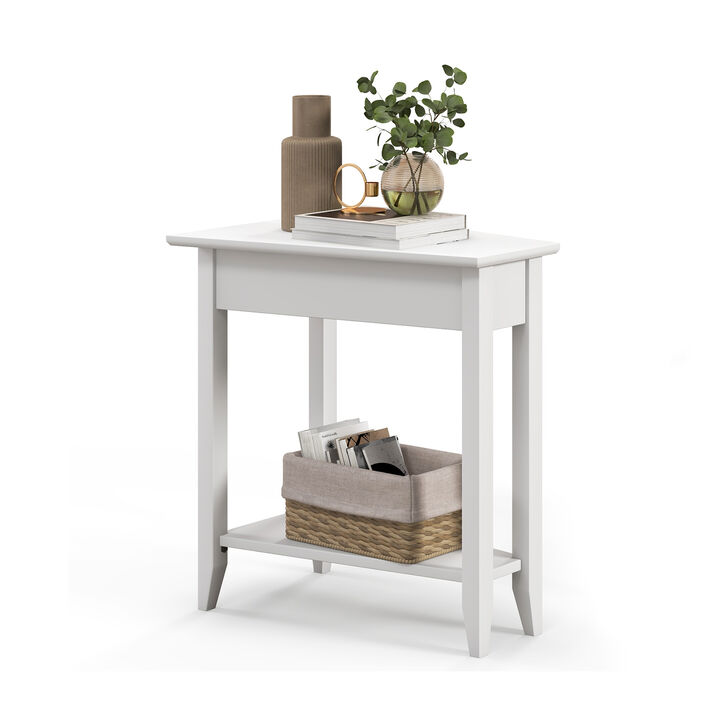 2-Tier Wedge Narrow End Table with Storage Shelf and Solid Wood Legs