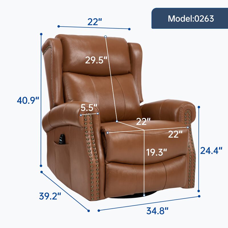Genuine leather Heat Massage Manual Recliner Chair with Rocker and Swivel for Living Room image number 2