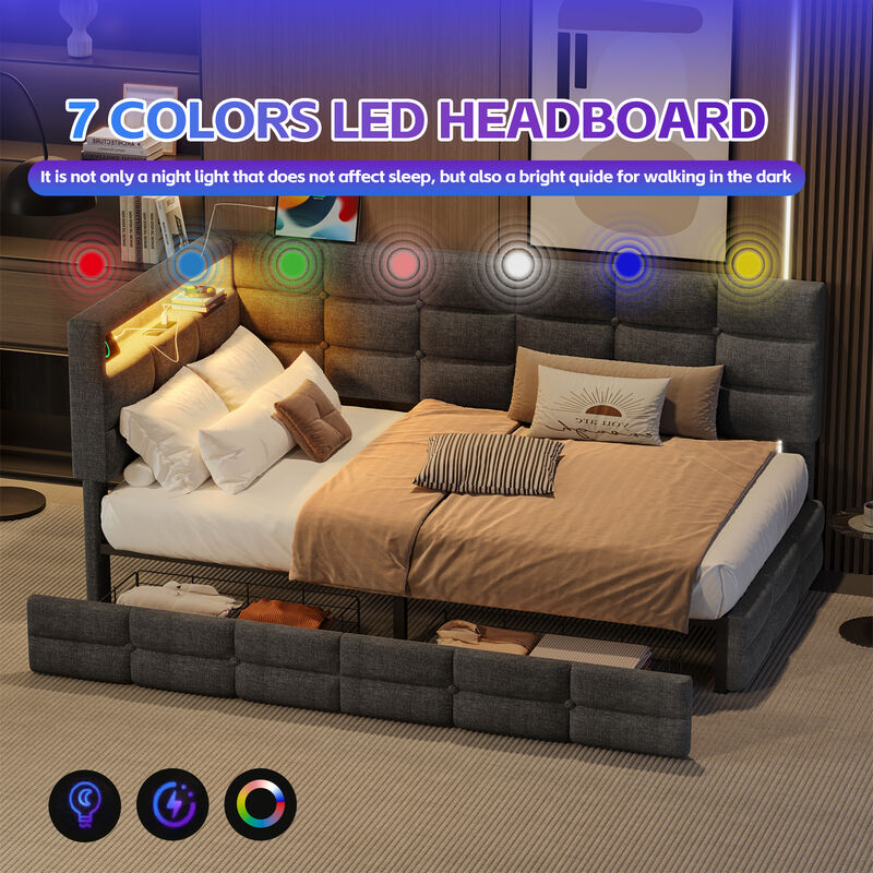 Merax Twin Size Upholstered Daybed with Storage 2 Drawers, Charging Station, LED Lights & Storage Headboard