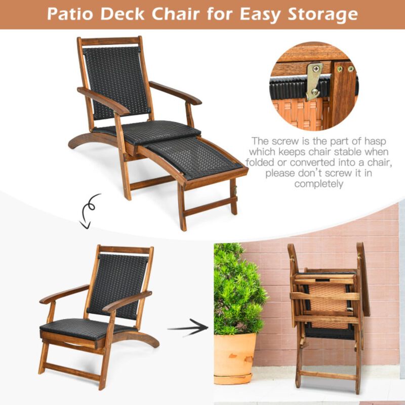 Hivvago Patio Rattan Folding Lounge Chair with Acacia Wooden Frame Retractable Footrest