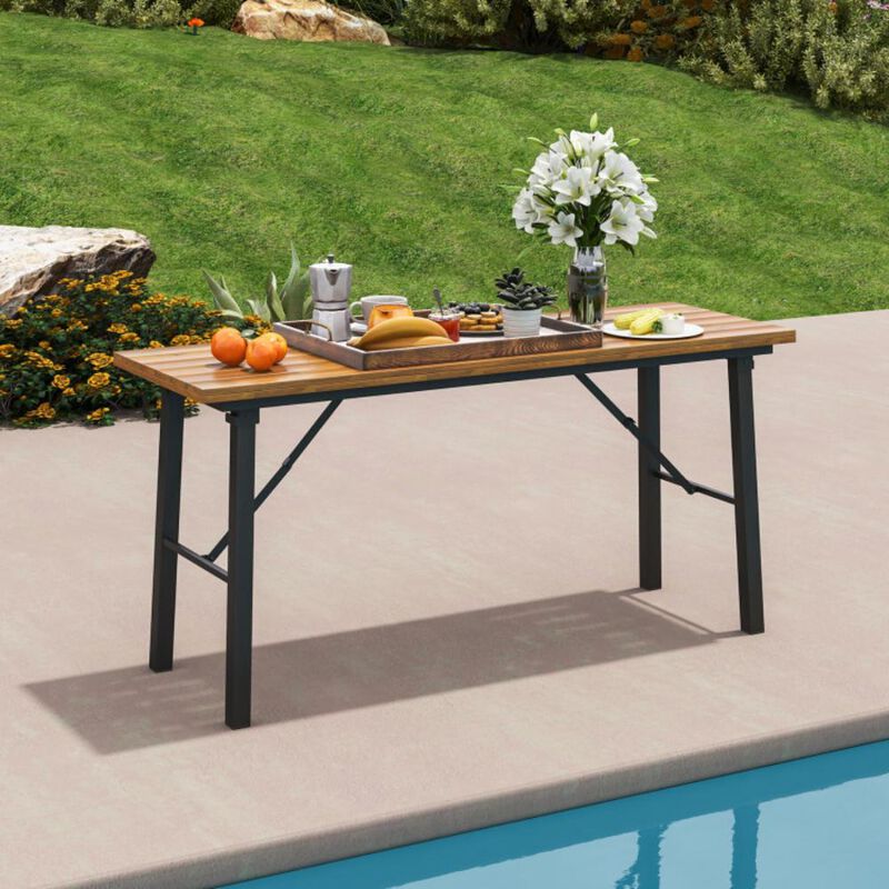 Hivvago Folding Picnic Table Acacia Wood Dining Table with Metal Frame for Indoor Outdoor Activities