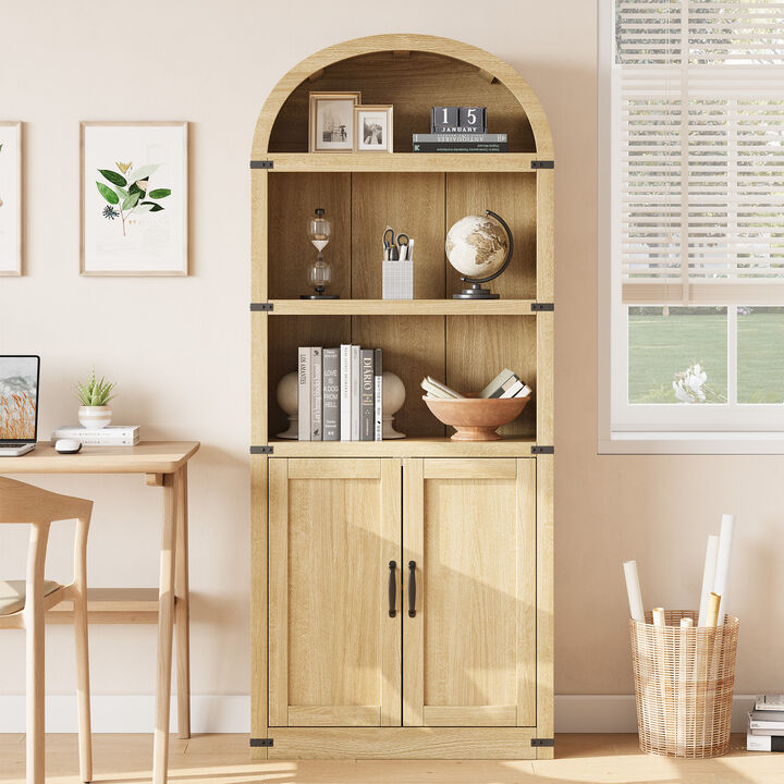 Vintage Farmhouse Arched 5-Tier Wooden Bookcase with Doors, Tall Display Cabinet for Living Room, Home Office and Bedroom