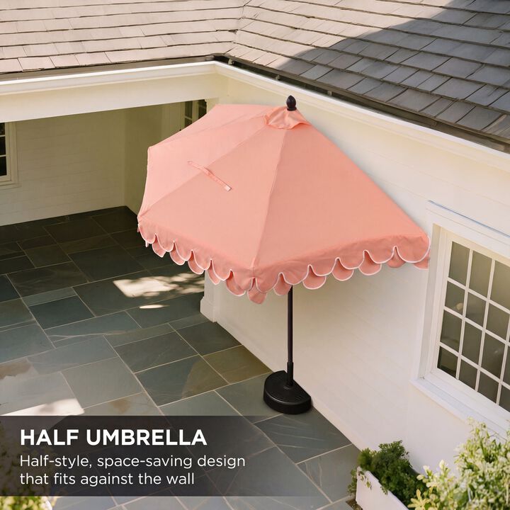 Terrace Arc 9 ft. Classic Dark Brown Pole MidCentury Scalloped Fringe Market Patio Half Umbrella with Crank, Tilt Button and UV Protection