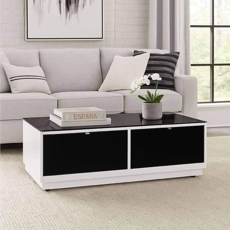 Tonny Cocktail Coffee Table, 2 Drawer, Black Glass, Rectangular White