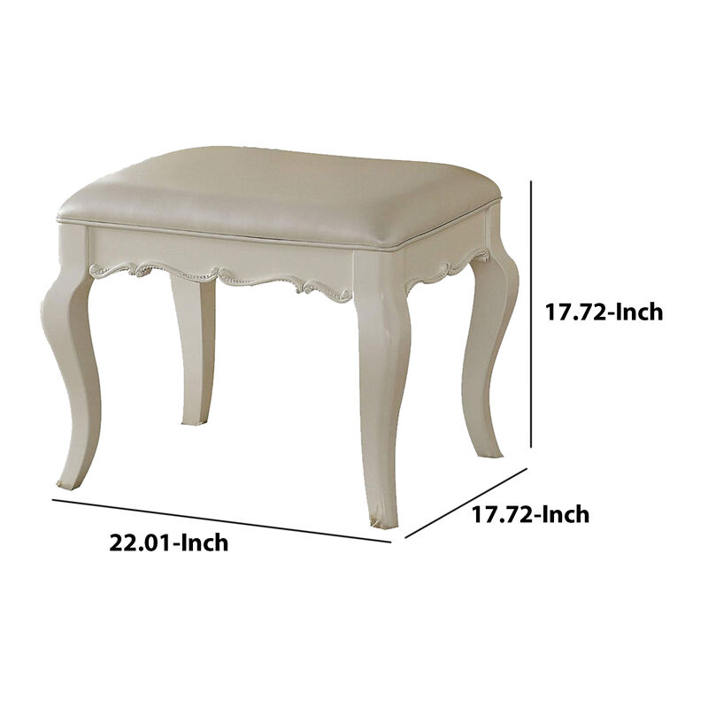 Traditional Style Wood and Leatherette Vanity Stool with Padded Seat, White-Benzara