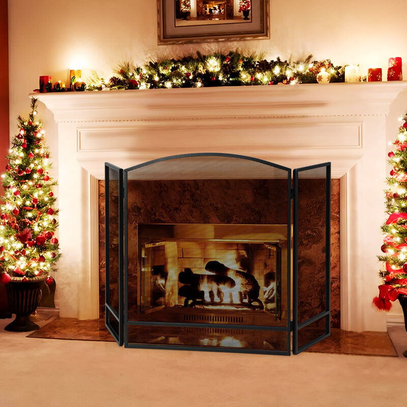 3-Panel Foldable Fireplace Screen with Wrought Metal Mesh-Black image number 1