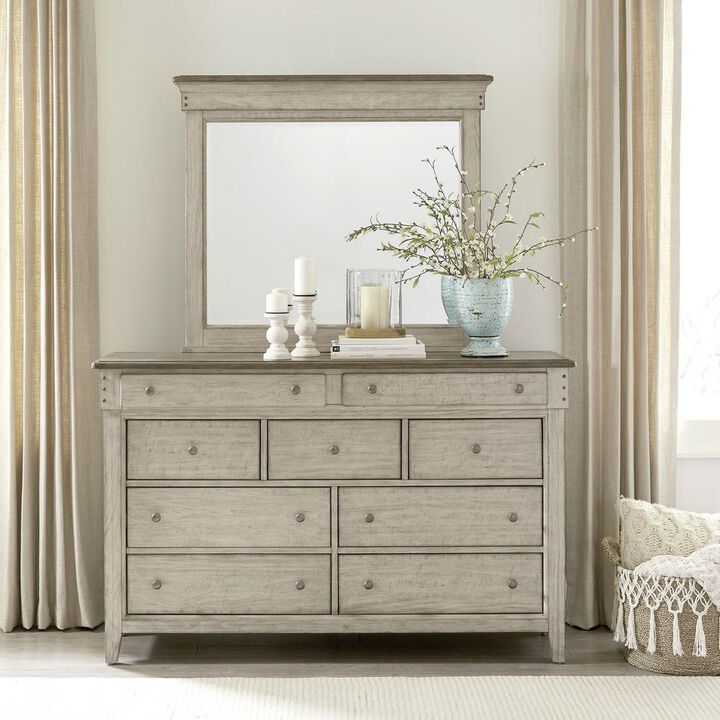 Liberty Furniture Ivy Hollow Dresser & Mirror in Weathered Linen Finish w/ Dusty Taupe Tops