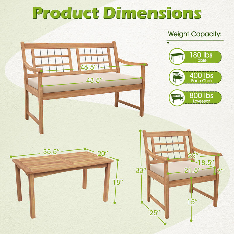 4 Piece Wood Patio Furniture with Armchairs Loveseat and Coffee Table