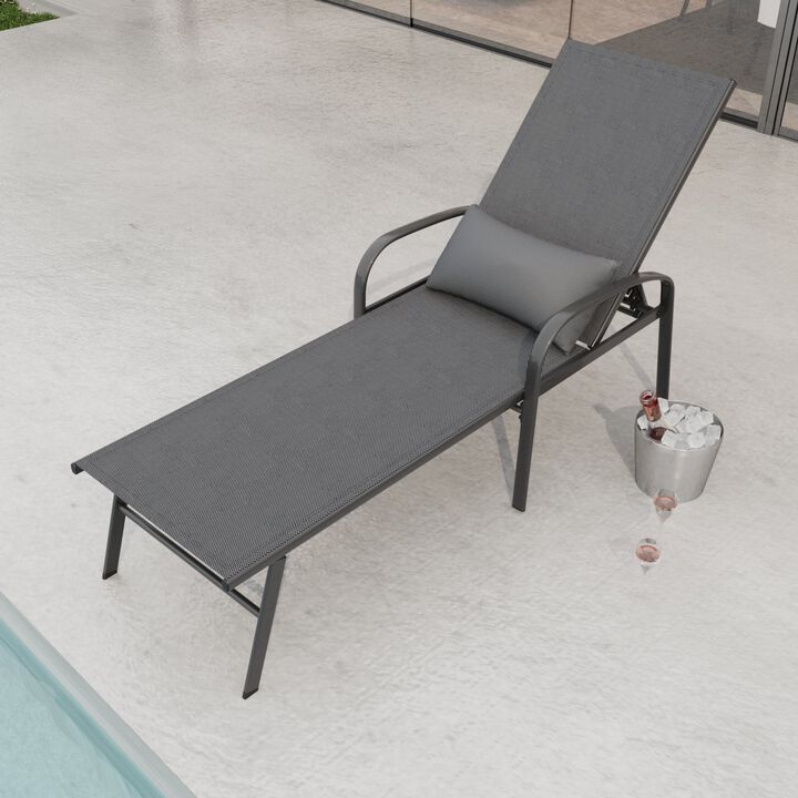 Gray Metal Adjustable Outdoor Chaise Lounge Recliner Patio Lounge Chair with Lumbar Pillow