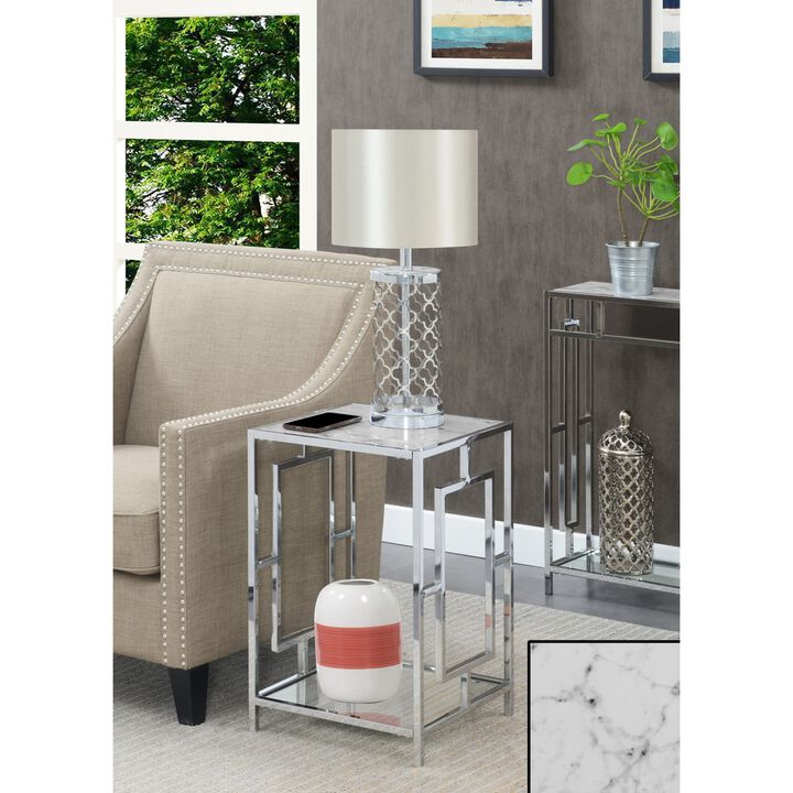 Town Square Chrome End Table with Shelf, White Faux Marble/Chrome