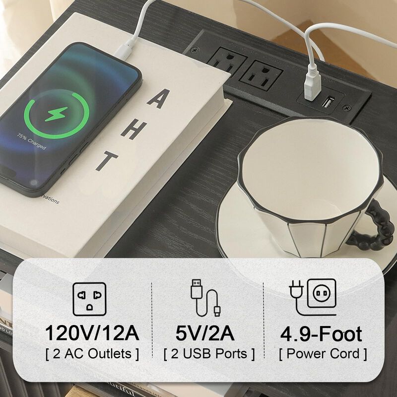 Fultyle Black Nightstand with Charging Station, Mid Cetury Modern Nightstand with Drawers, Fluted End Side Table Living Room for