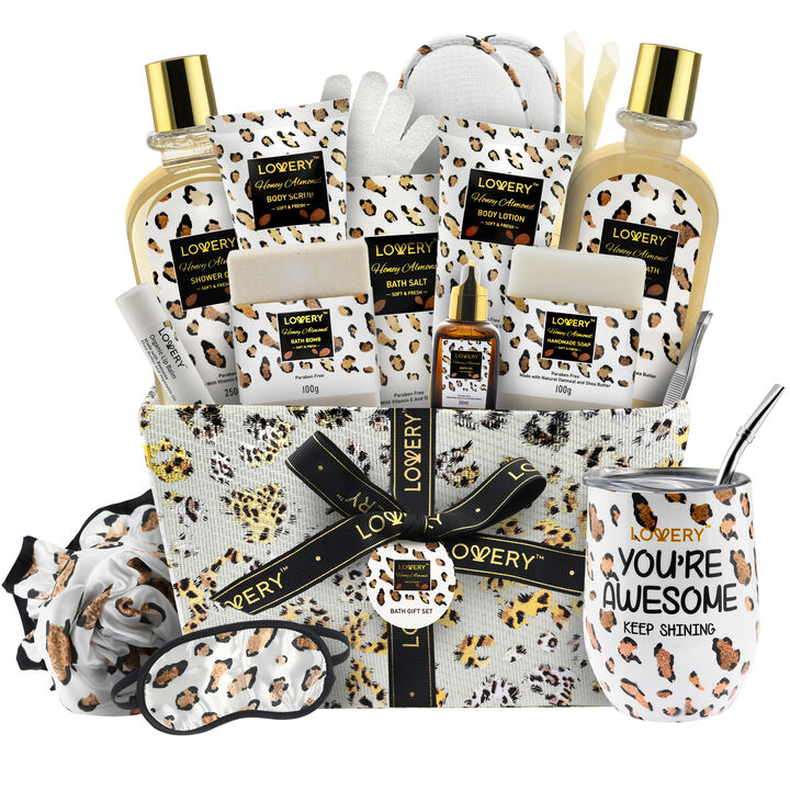 Lovery Home Spa Kit in Honey Almond Scent - Leopard Luxury Gift Basket - 21 pcs