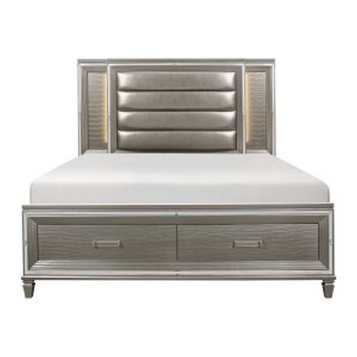 Delcy Queen Platform Bed, LED Headboard 2 Drawer Footboard, Mirrored Silver - Benzara